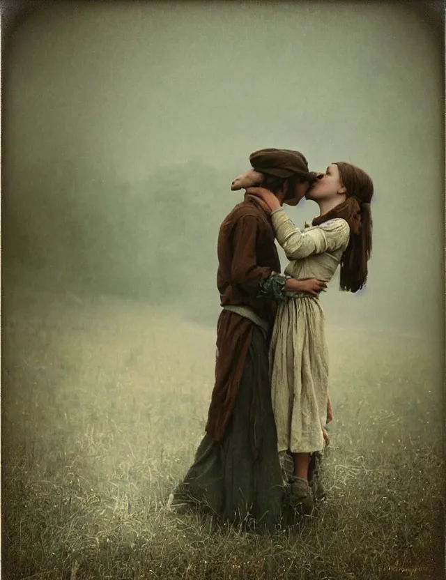 Prompt: peasant boy and girl first kiss, secretly on a village, Cinematic focus, Polaroid photo, vintage, neutral colors, soft lights, foggy, by Steve Hanks, by Serov Valentin, by lisa yuskavage, by Andrei Tarkovsky