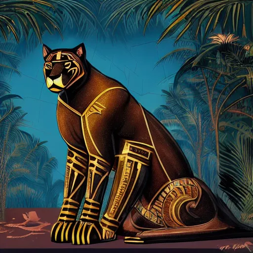 Prompt: artdeco illustration of one beautiful majestic black panther in style of egyptian god. bast. basket. ferocious. ornate. beautiful. mysterious. intricately detailed. meticulously rendered. background is a jungle. epic skym hd. trending on art station. h 7 6 8