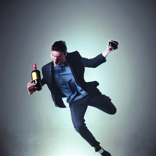 Image similar to Ultra realistic full shot of a male model boisterously dancing around the room by himself holding an empty wine bottle as he jumps in the air, cyberpunk, sci-fi, fantasy, Kodak colour led, soft light, volumetric lighting ,night, intricate, elegant, highly detailed, digital painting, artstation, concept art, smooth, sharp focus, illustration, art by artgerm and greg rutkowski and alphonse mucha