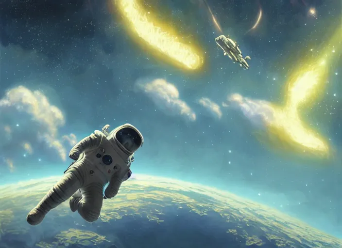 Image similar to craig mullins and ghibli digital illustration of an astronaut floating in the middle of the cosmos doing jazz improv, full body, strong contrast, earth, galaxies, ethereal, inviting, bright, raking light from constellations, unreal engine, hyper realism, realistic shading, cinematic composition, realistic render, octane render, detailed textures, photorealistic, wide shot