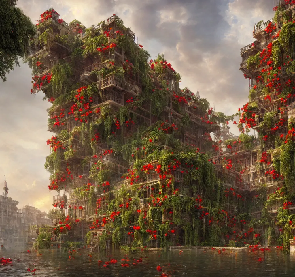 Image similar to 3 d render of the hanging gardens of babylon by greg rutkowski, victorian castle, red flowers, reflective water, cranes, cg society, hyper detailed, dramatic, epic painting, sunset clouds, 8 k