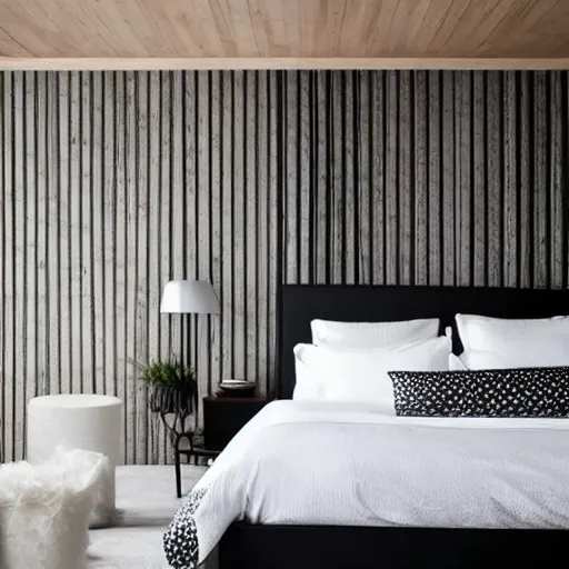 Image similar to bedroom, stone, interior design, stylish luxury hotel bedroom design, yakisugi, black vertical slatted timber, textures, feminine, black walls, art, vase with flowers, Japanese and Scandinavian influences