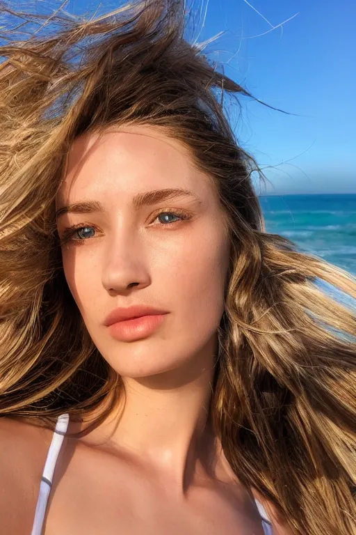 Prompt: 2 4 year old female model, wearing low cut top, zoomed in, photo realistic, extreme detail skin, no filter, slr, golden hour, beach, wind in hair, 4 k, high definition, selfie