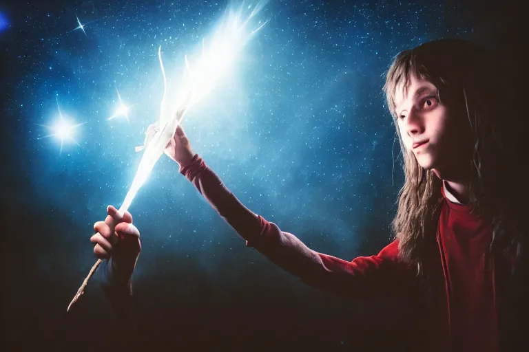 Image similar to a young adult wizard with very detailed face, hair clothes and shoes points their wand fiercely from which a blast of bright magic flies from the end of the wand, on an empty moonlit hill, dramatic lighting, lens flare, 3 5 mm full frame professional photography, kodachrome