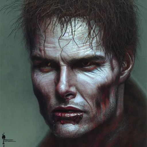 Image similar to portrait of demonic Tom Cruise in hood and crown of thorns, dark fantasy, Warhammer, artstation painted by Zdislav Beksinski and Wayne Barlowe