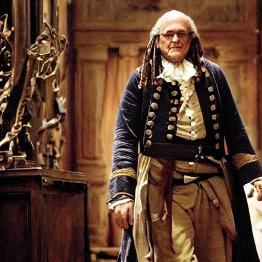 Image similar to movie still of benjamin franklin in pirates of the caribbean