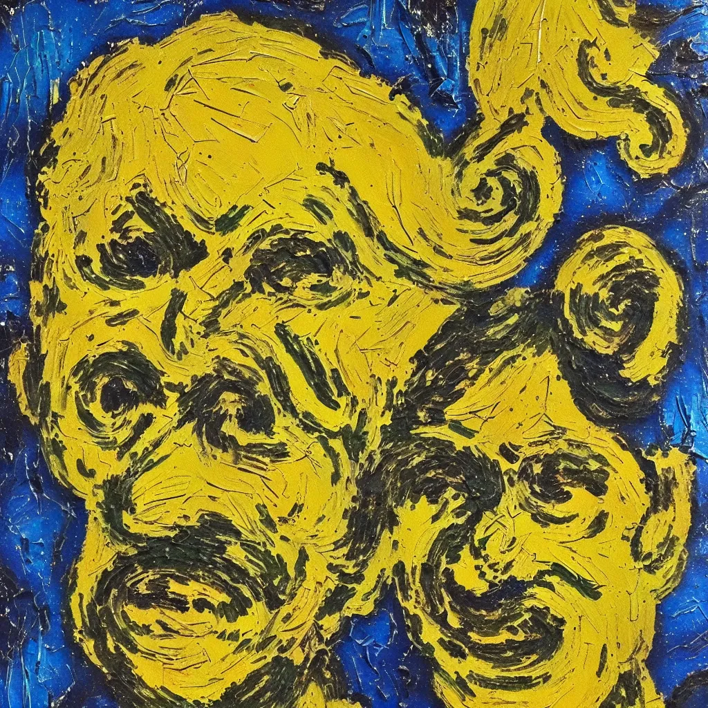 Image similar to happy face in the style of Jackson Pollack, with lots of stumbling, stumbled thick oil paint and painted in a style of painting similar to Van Gogh but more impasto and less hatching