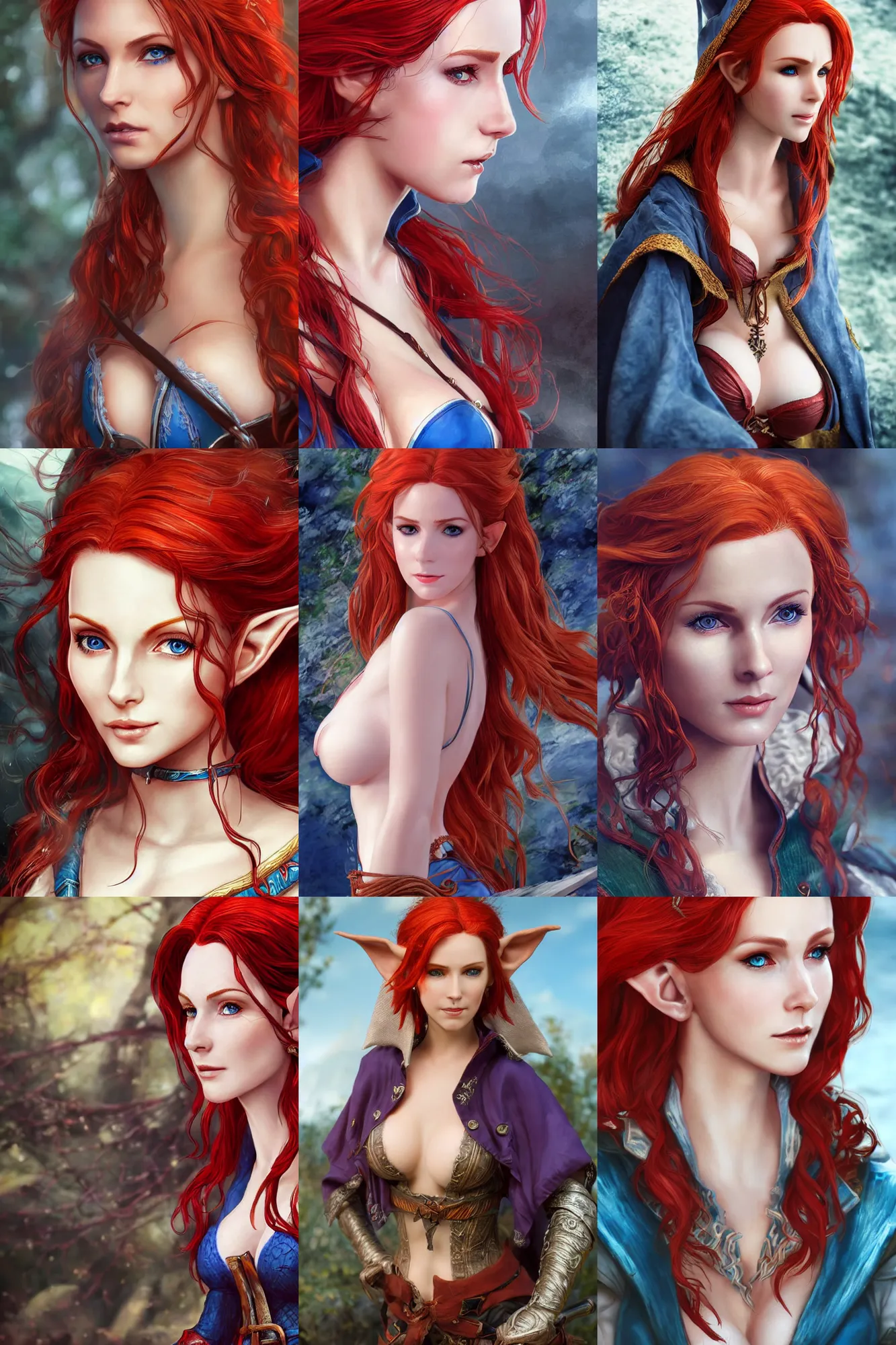 Prompt: alluring highly detailed close - up portrait of beautiful elf ( triss from witcher 3 ) with porcelain skin flowing red hair wearing chesty adventurer's outfit and a long blue cloak, very detailed, realistic, manga, matte, heavy brush strokes, stanley artgerm lau