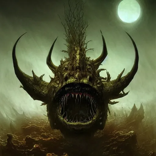 Image similar to A terrifying image of a Giant Satanic Angler-Fish Demon in the darkness of the Marianas Trench Abyss, fullbody, intricate, demonic, video game art, highly detailed, artstation, green field with village ruins, concept art, smooth, sharp focus, illustration, art by greg rutkowski and orientalism and bouguereau and Zdzislaw Beksinski, good clear quality, lighting, biology, symmetrical artwork, perfect face, 135 mm, cinematic, hyper realism, high detail, octane render, 8k, chrome accents