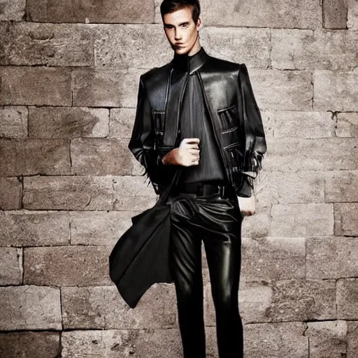 Prompt: a editorial photo of a male model wearing a alexander mcqueen medieval short leather menswear jacket