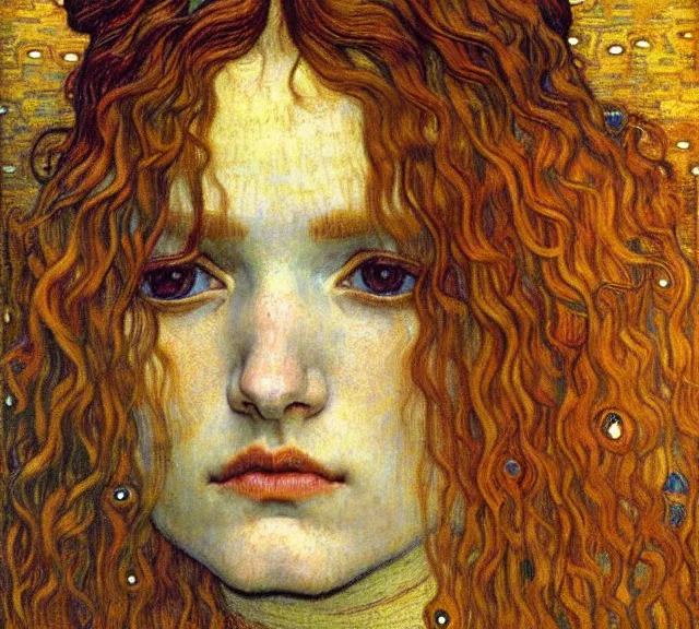 Image similar to detailed realistic beautiful young medieval queen face portrait by jean delville, gustav klimt and vincent van gogh, art nouveau, symbolist, visionary, gothic, pre - raphaelite, muted earthy colors, desaturated