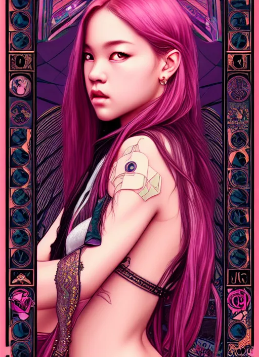 Prompt: jossi of blackpink, tarot card, highly detailed, digital painting, smooth, sharp focus, illustration, ultra realistic, 8 k, art by artgerm and alphonse mucha