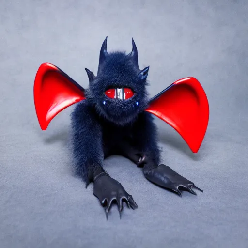 Image similar to detailed full body of scary giant mutant dark blue humanoid pygmy-bat, glowing red eyes, sharp teeth, acid leaking from mouth, realistic, giant, bat ears, bat nose, bat claws, bat wings, furred, covered in soft fur, detailed, 85mm f/1.4