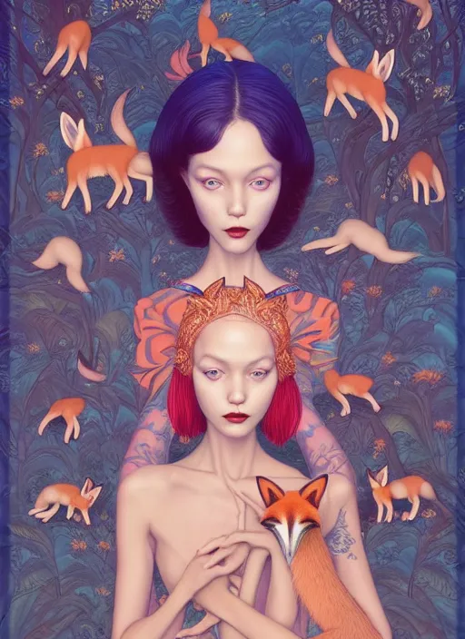 Image similar to pretty model with foxes : : by martine johanna and simon stalenhag and chie yoshii and casey weldon and wlop : : ornate, dynamic, particulate, rich colors, intricate, elegant, highly detailed, vogue, harper's bazaar art, fashion magazine, smooth, sharp focus, 8 k, octane render,