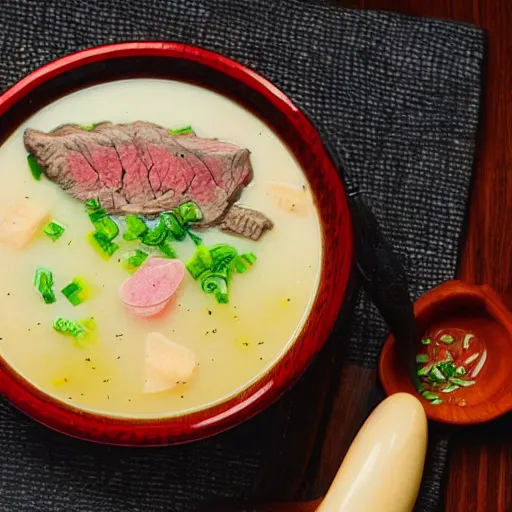 Image similar to a bowl of steak soup on a table lower corner view in the style of studio ghibli, manhwa, fancy