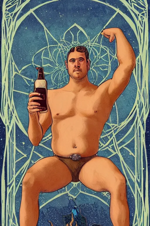 Prompt: an ethereal, serene symmetrical tarot card painting of a shirtless handsome goofy cowboy with a heavyset build and beer belly | background is a serene campfire | cans of beans and jugs of whisky | tarot card, art deco, art nouveau | by Mark Maggiori | trending on artstation