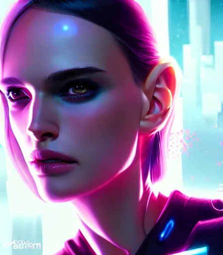Prompt: beautiful portrait of a cyberpunk goddess who looks like Natalie Portman , character design by charlie bowater, ross tran, artgerm, and makoto shinkai, detailed, soft lighting, rendered in octane