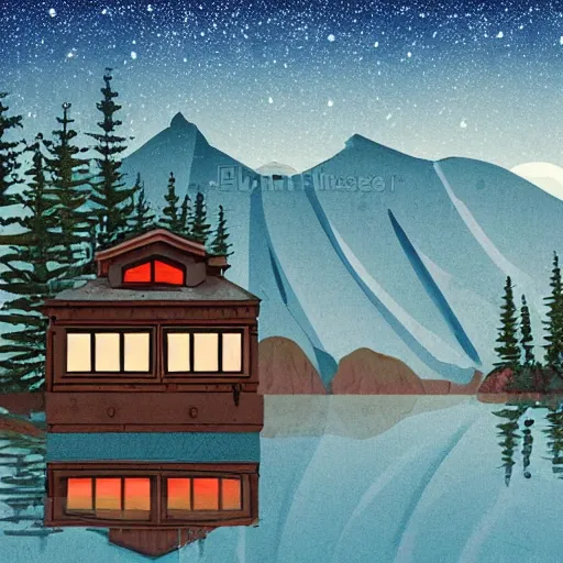 Image similar to small sci - fi cottage at the edge of a lake in the mountains, retro illustration on parchment, soft glowing windows, early evening, reflections, pine trees,