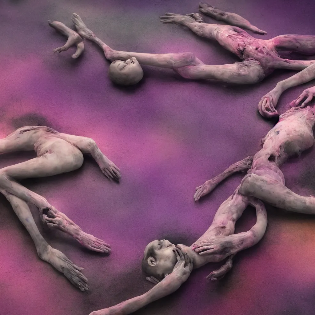 Image similar to iridiscent oil spill with women corpses connected by cables and computers to wax forms to a buried baby relaxing on yoga mat, faded, purple and red gradient, dust, purple fog, depth of field, by nadav kander and hans bellmer, 8 k, ultrarealistic, sad atmosphere, cinematic, 8 5 mm lens