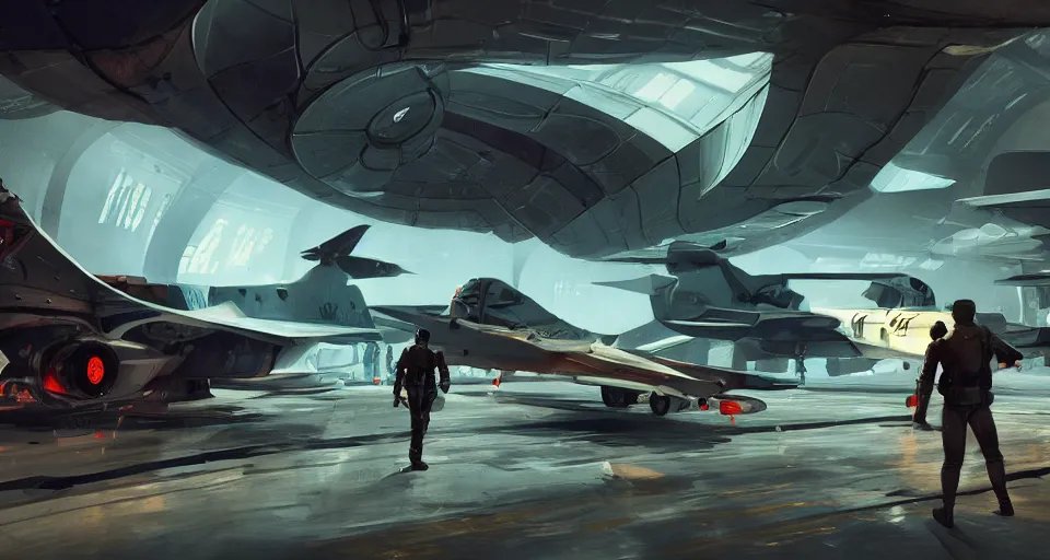 Prompt: photo 5 0 s, inside the hangar of a starship, pilots run towards a fighter craft, in the style of coriolis rpg, realistic, dark sci - fi, by rutkowski, 8 k, artstation