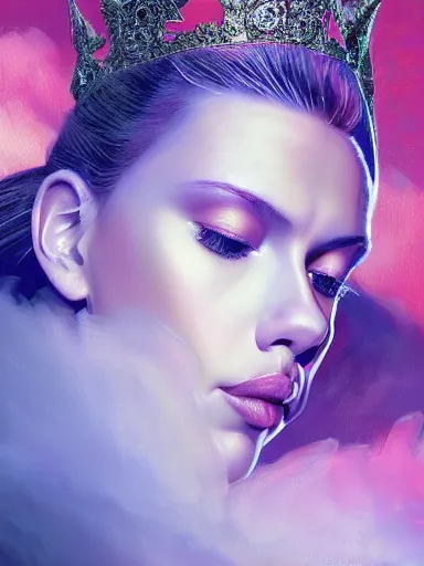 Prompt: pink portrait of young beautiful female angel queen scarlett johansson head wearing shiny pink crown, subtle purple accents, hyper details, black metal rococo, sculpted by Alex Alice, Craig Mullins, yoji shinkawa, trending on artstation, beautifully lit, Peter mohrbacher, hyper detailed, insane details, intricate, elite, elegant, luxury, ray of light through smoke, CGsociety, hypermaximalist, golden ratio, background urban cityscape, night, neofuture, volumetric, octane render, weta digital, micro details, 3d sculpture