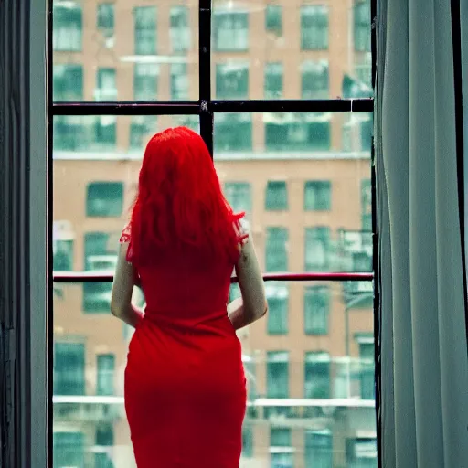 Prompt: Red haired woman in a red dress peaking from behind a window blinder, portrait, photography