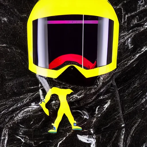 Image similar to photo of a glossy black marble statue of a girl with colorful motocross logos and motorcycle helmet with reflective mirrored visor, carved marble statue, fine art, in the style of virgil abloh, 8 k, 4 k, detailed, realistic, beautiful, symmetrical
