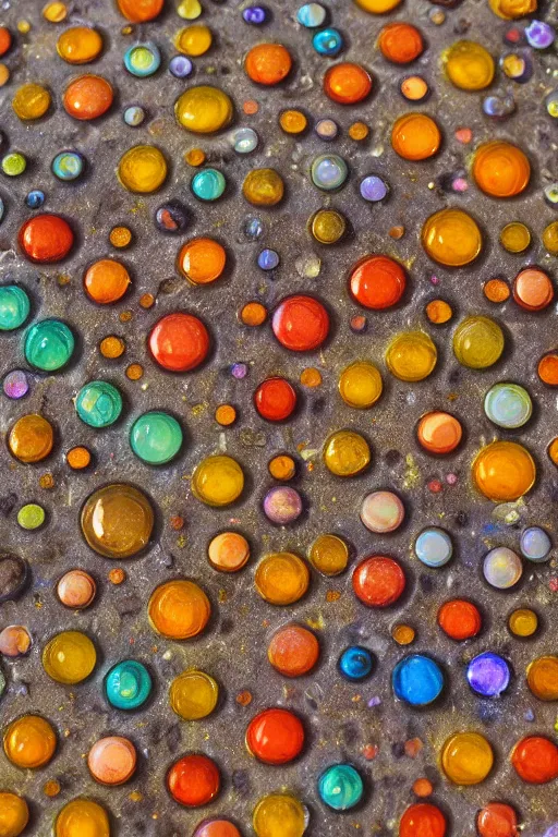 Image similar to Portrait Photo of various multi-colored wild flowers surrounded by fire opal marbles on desert sand, sunlit, 80s Versace ad, depth of field, highly detailed, award.