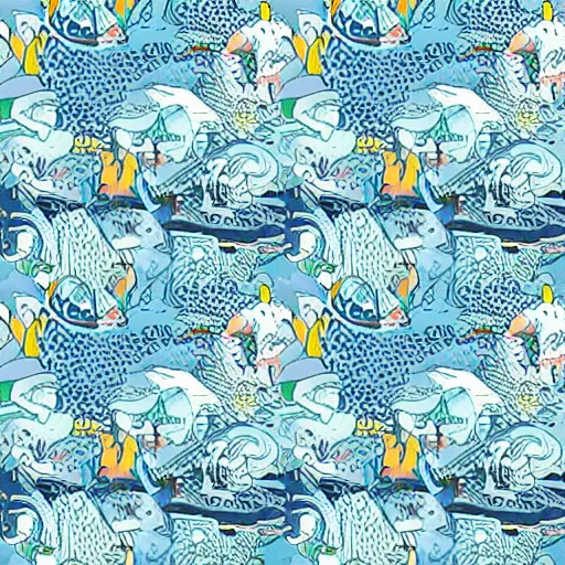 Image similar to exquisite fresh ocean print of a cat in tokyo aya takano color style, 4 k, super detailed, modern, 4 k, symmetrical with beautiful and high resolution elements developed into seamless patterns