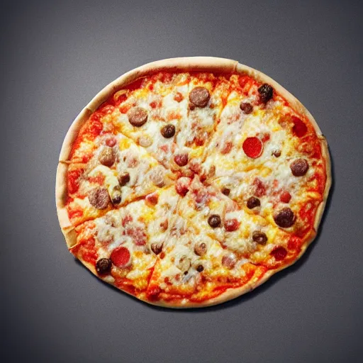 Prompt: Frozen Pizza with Hamburger,new product by Dr.Oetker,promotional picture,studio lighting,high quality