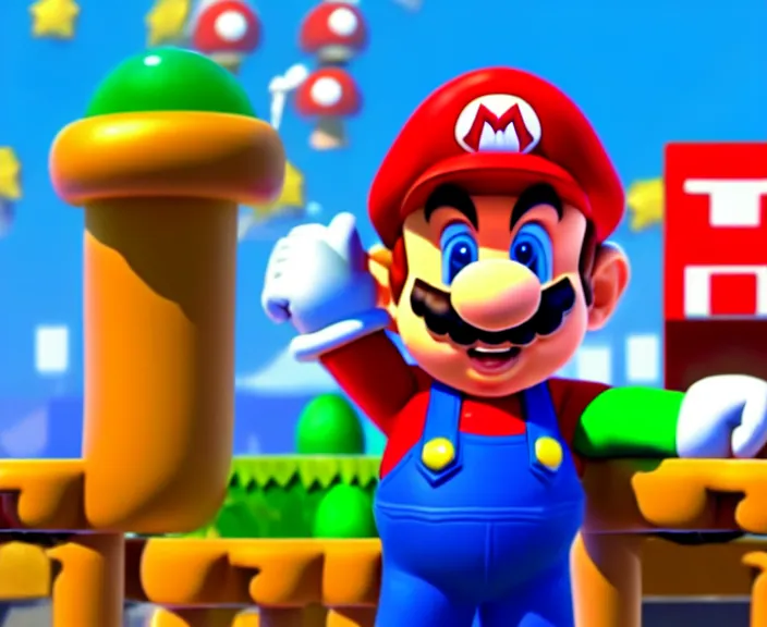 Image similar to still from a 3 d cartoon of ( ( super mario standing behind a podium!!! in the mushroom kingdom at a heated political rally, political!!!! ) ), 4 k, official screenshot, close - up