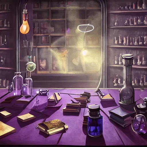 Image similar to a detailed painting of a dark purple highly poisonous potion, lit by a single ray of sunlight, on a table full of books in a dusty vintage science lab, hyperrealistic fantasy art, concept matte, ethereal, dreamy, digital art, trending on arstation, volumetric cinematic lighting