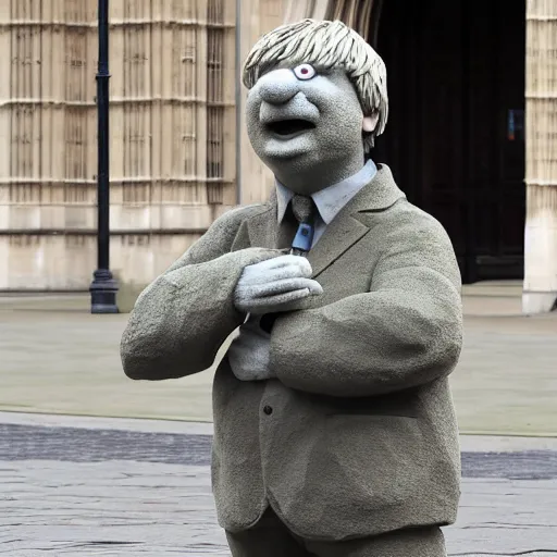 Prompt: a stone sculpture of boris johnson as a muppet outside the houses of parliament, mid distance