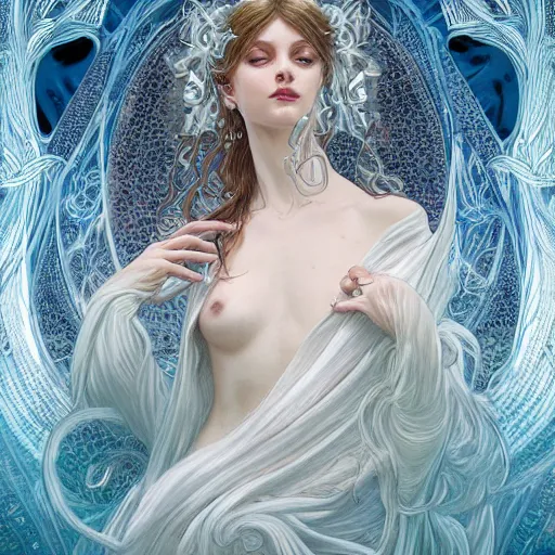 Prompt: a photograpic portrait of a anthropomorphic bioluminescent water wave wearing white clothes, fantasy, intricate, elegant, highly detailed, digital painting, artstation, concept art, smooth, sharp focus, illustration, art by artgerm and h r giger and alphonse mucha