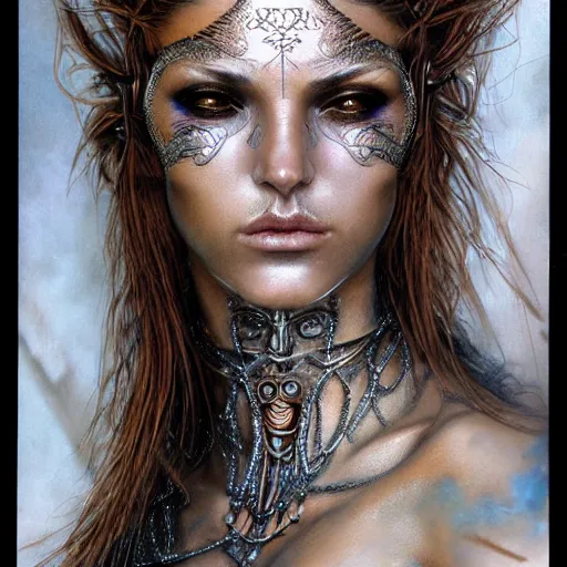 Image similar to an award finning closeup facial portrait by luis royo and john howe of a bohemian female cyberpunk traveller clothed in excessively fashionable 8 0 s haute couture fashion and wearing ornate art nouveau body paint