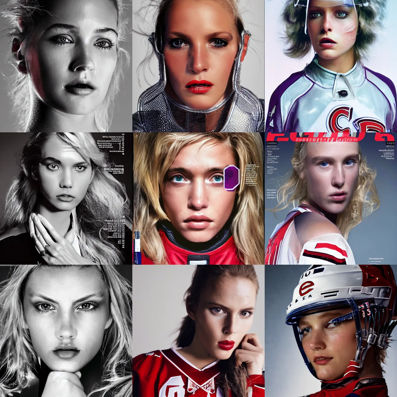 Prompt: beautiful extreme closeup portrait photo of frontiers in female supermodel ice hockey player fashion magazine September retrofuturism Habs edition, highly detailed, soft lighting
