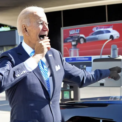 Image similar to joe biden at the gas station pumping gas into his mouth