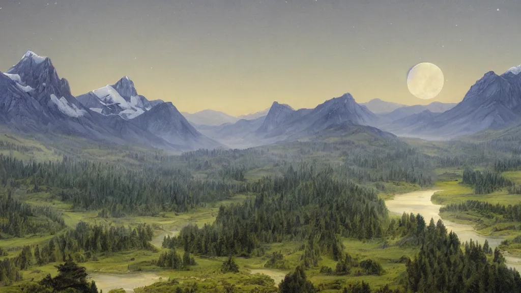 Image similar to The most beautiful panoramic landscape, oil painting, where the mountains are towering over the valley below their peaks shrouded in mist. The moon is high in the sky producing a warm glow and the sky dark purple and filled with stars and cirrus clouds. The river is winding its way through the valley and the trees are vivid green, by Greg Rutkowski, aerial view