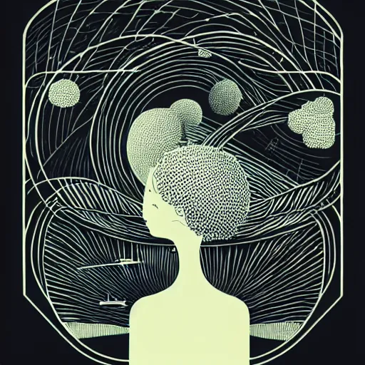 Prompt: a wandering mind, logo, simple white background victo ngai, kilian eng, black and white