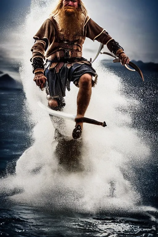 Image similar to old vintage full body photo of ancient viking warrior with full beard on the complex complex steam punk jet ski with antigravity engine during big viking event, extreme sports photography ,super high speed photography, dynamic photography,symmetrical face, clean face, muscular body, high speed,dirt and grawel in air, lens flares, dust partiles in the air, dramatic lighting, intricate, highly detailed, centered, smooth, sharp focus, sports photography, old photo, black and white, sepia, cinematic lighting, cinematic angle, national geographic