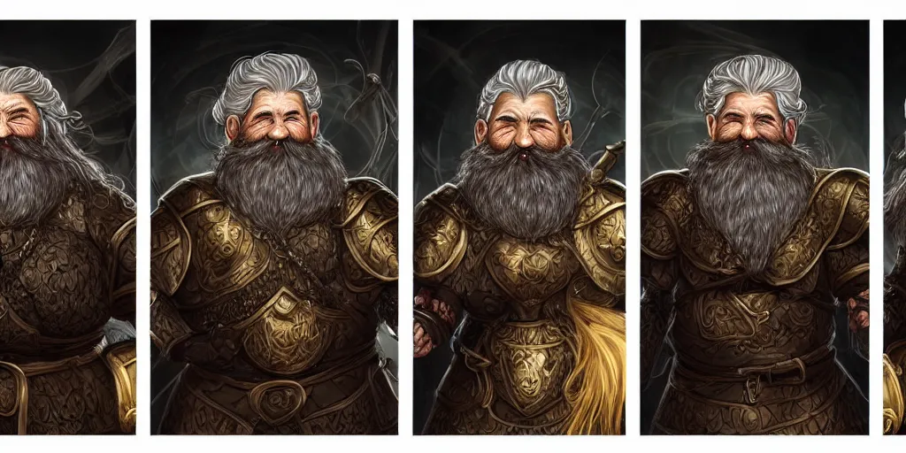 Image similar to triptych of elderly female feminine bearded dwarven heavyset fighter with curly long grey hairstyle, her full beard is long and plaited style, she has wrinkled skin and is wearing full black platemail armor with intricate slight gold trim by rossdraws, triptych format