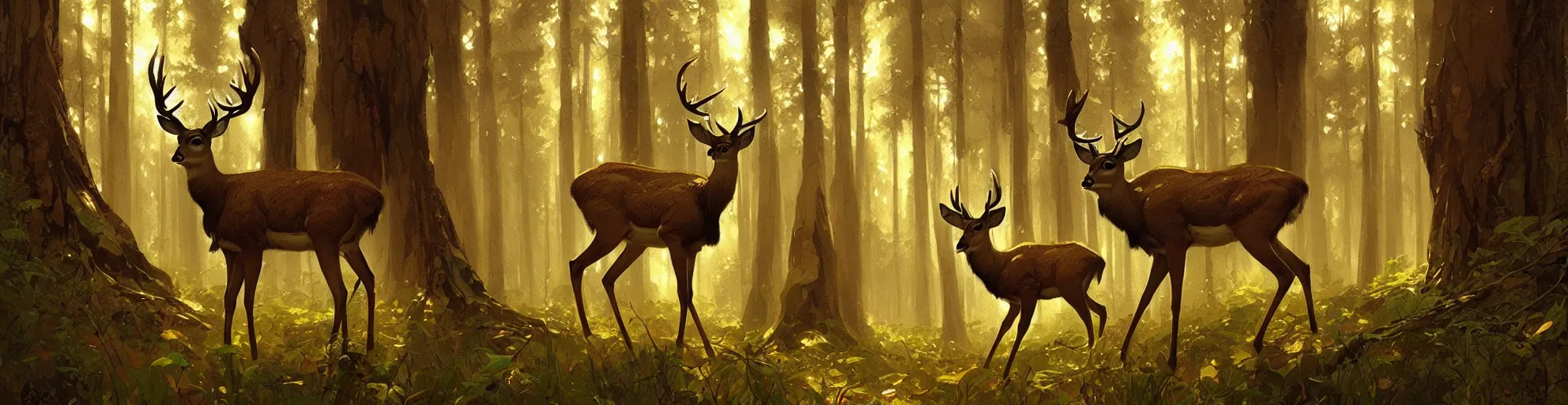 Image similar to Deer in Sherwood Forest, highly detailed, digital painting, artstation, concept art, smooth, sharp focus, illustration, art greg rutkowski and alphonse mucha