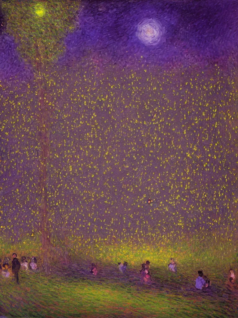 Prompt: gauzy night impressionist painting of fireflies in my backyard with an old apple tree waving to the left in a purple cast with people! dancing in the moonlight, intense deep dark purplish color oil painting by claude monet and piet mondrian, cosmic trending on artstation 8 k
