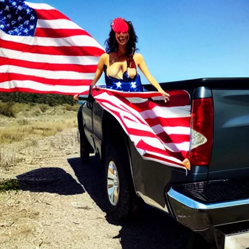 Image similar to photo of woman in the back of a pickup truck wearing bikinis drinking beer waving the american flag.