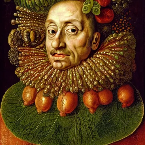 Prompt: portrait of king charles the 4 th made of fruits and vegetables by arcimboldo