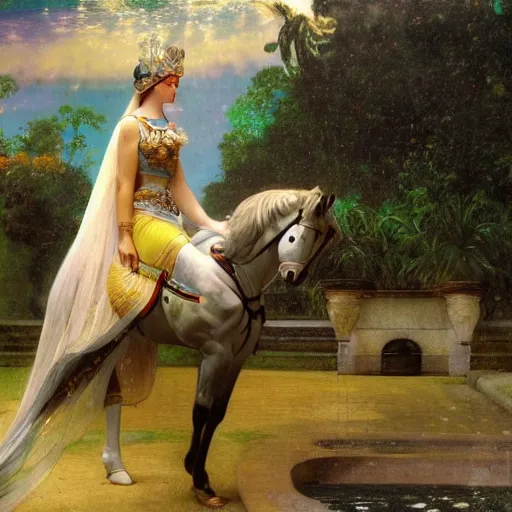 Image similar to Knight girl riding the horse at the palace, refracted sparkles, thunderstorm, greek pool, beach and Tropical vegetation on the background major arcana sky, by paul delaroche, alphonse mucha and arnold böcklin, hyperrealistic 8k, award-winning, very very very detailed