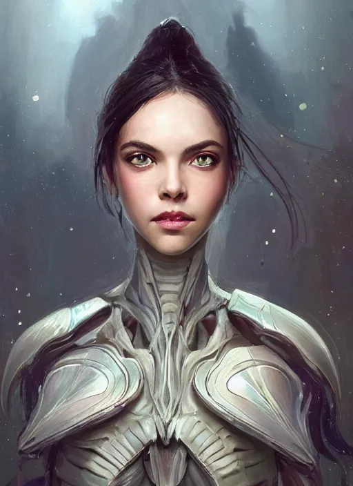 Image similar to a professional painting of a beautiful young female alien, clothed in ethereal armor, olive skin, long dark hair, beautiful bone structure, symmetrical facial features, intricate, elegant, digital painting, concept art, smooth, sharp focus, illustration, from Valerian and the City of a Thousand Planets, by Ruan Jia and Mandy Jurgens and Artgerm and William-Adolphe Bouguerea