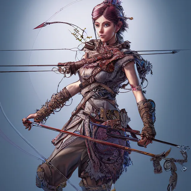 Image similar to the portrait of lawful neutral semi - colorful female archer huntress as absurdly beautiful, gorgeous, elegant, young woman, an ultrafine hyperdetailed illustration by kim jung gi, irakli nadar, intricate linework, bright colors, octopath traveler, final fantasy, unreal engine 5 highly rendered, global illumination, radiant light, detailed and intricate environment