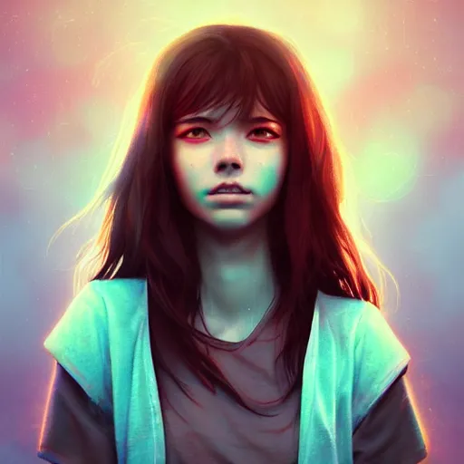 Prompt: portrait of teen girl, art by Ross tran, vivid color palette, digital painting, 3D, octane render, post process in Photoshop, highly detailed, particles, light effect