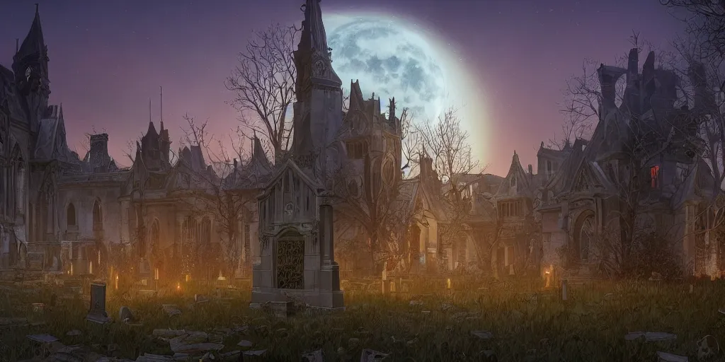 Prompt: an ultra detailed animation of a graveyard at midnight on halloween, digital art, dark fantasy, concept art, soulslike, by alphonse mucha, blood moon eclipse, ruined building in the background, artstation, 8 k, unreal engine render
